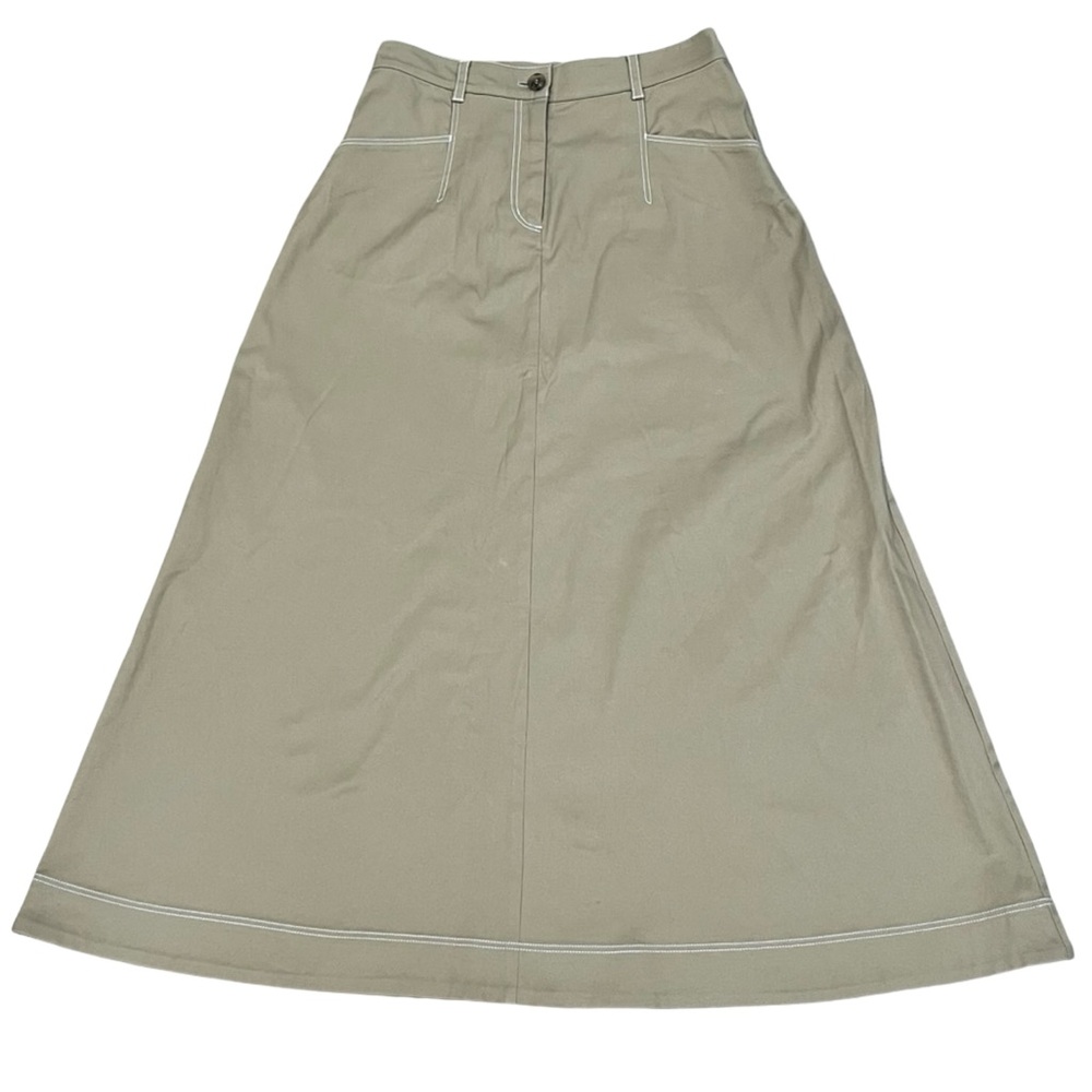Cotton Khaki Tan A-line Maxi Skirt Elegant White Stitching Old Money Office - Picture 2 of 11